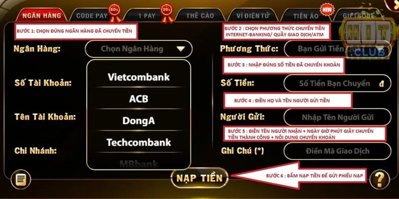 Cập Nhật Quy Trình Nạp Tiền Hitclub Mới Nhất Hướng dẫn nap tiền tại cổng game HitClub